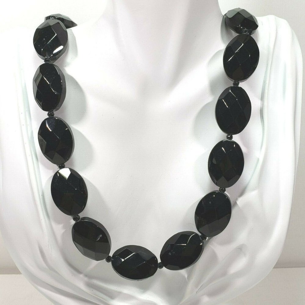 Black Faceted Glass Beaded Necklace 25"